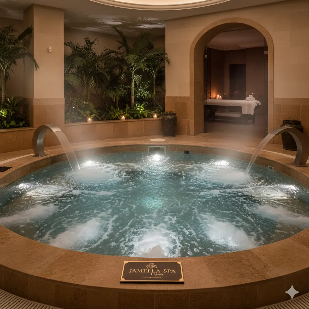 Luxurious indoor spa jacuzzi with hydrotherapy water jets, warm lighting, and relaxing ambiance at Jameela Spa Dubai