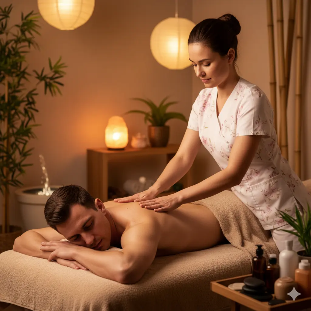 Professional massage therapist giving a relaxing back massage to a man in a calm spa setting with warm lighting and soothing atmosphere