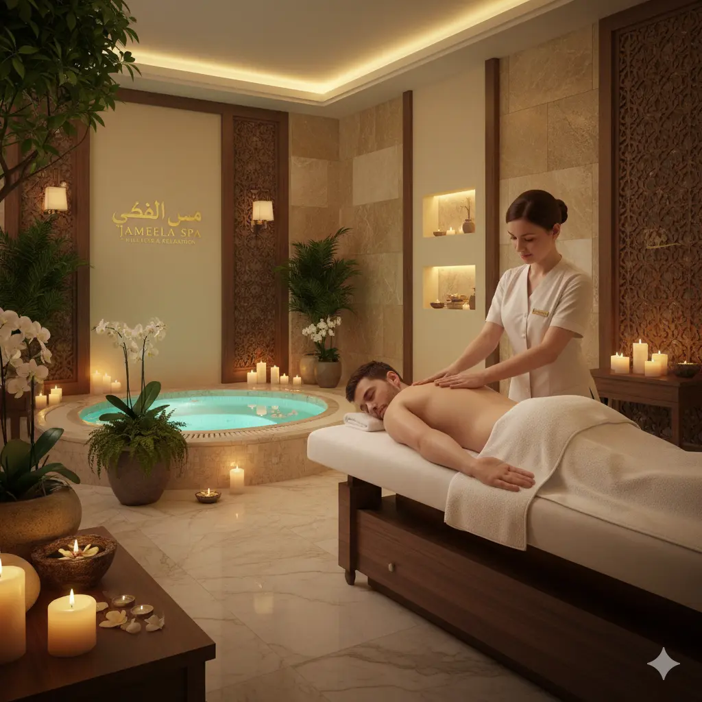Luxury spa interior in Ajman with therapist giving relaxing massage beside glowing spa pool at Jameela Spa.