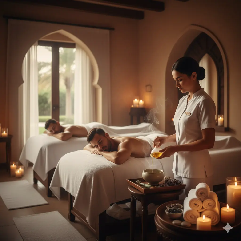 Serene interior of Jameela Spa Ajman showcasing massage beds, warm lighting, and relaxing ambiance