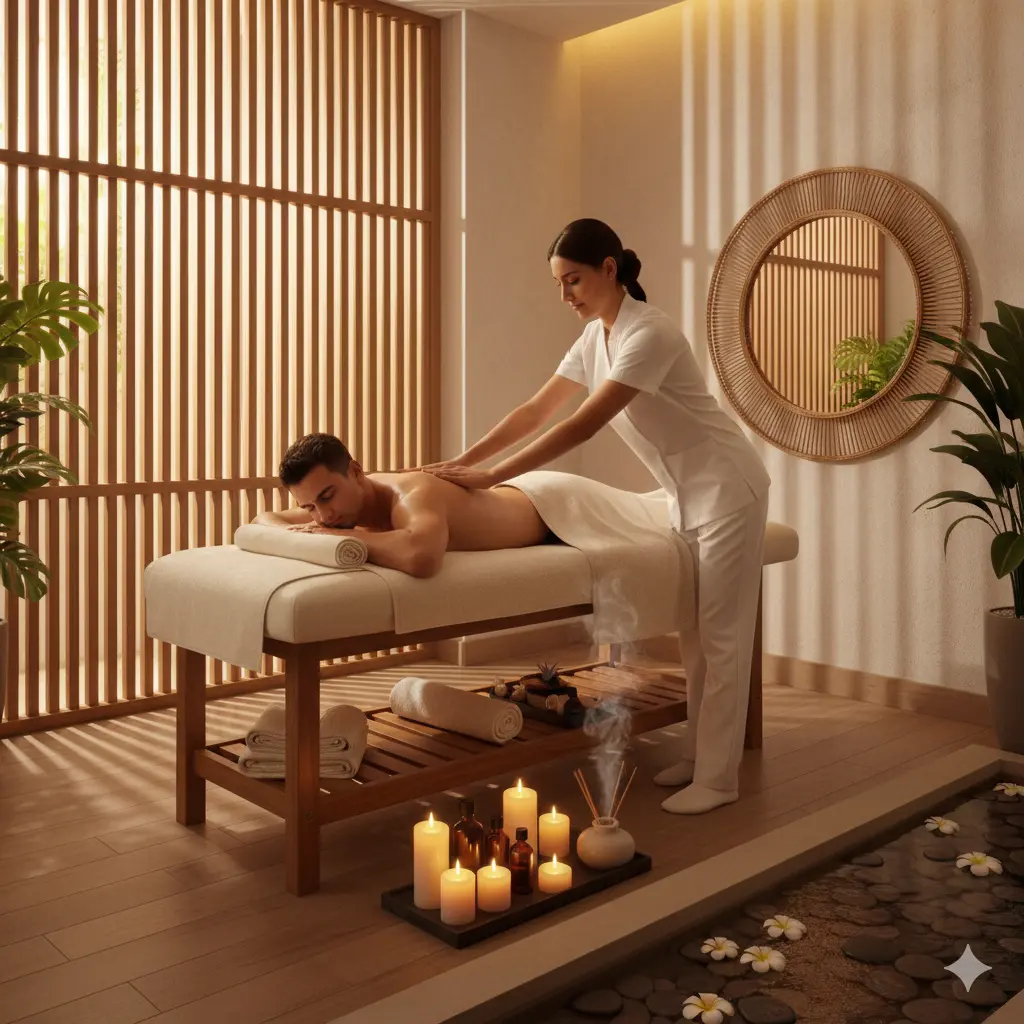 Professional female massage therapist providing relaxing spa treatment at Jameela Spa Ajman in a serene, luxury wellness setting