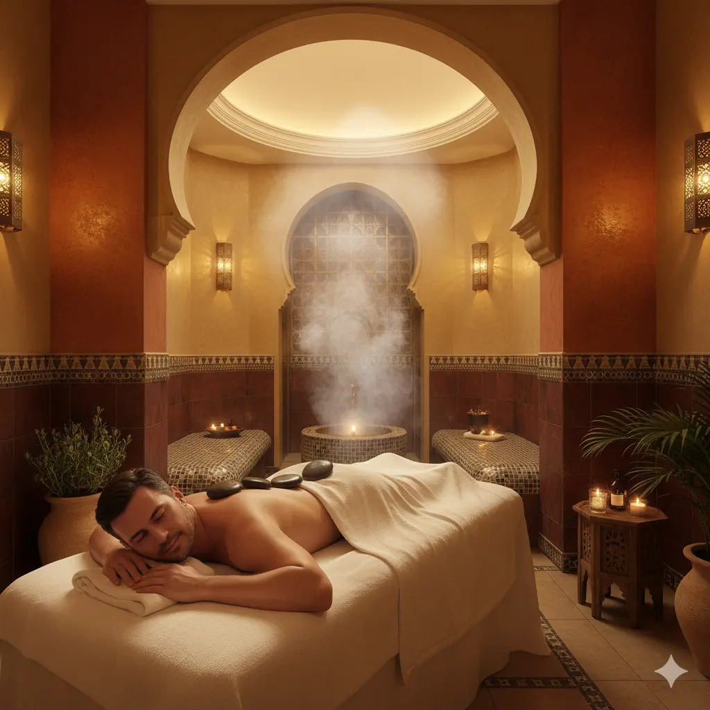 Man enjoying hot stone massage and steam therapy at Jameela Spa Ajman for deep relaxation and rejuvenation