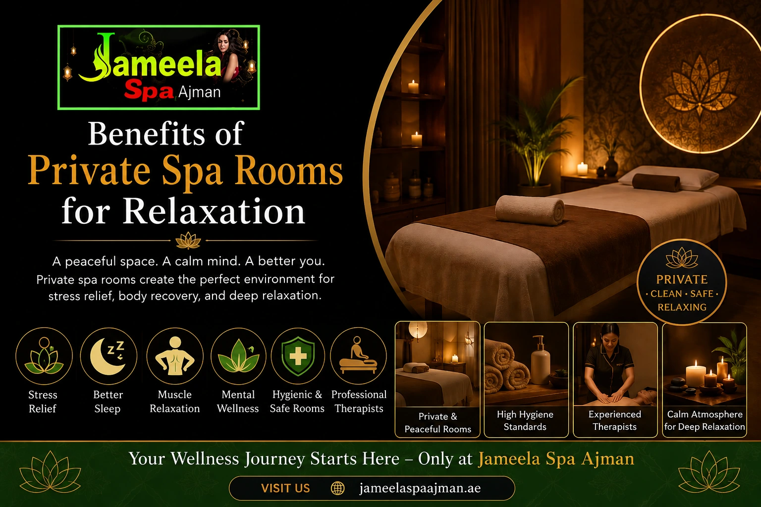 Private spa room for relaxation at Jameela Spa Ajman with peaceful wellness atmosphere, stress relief therapy, hygienic treatment rooms, and professional massage services.